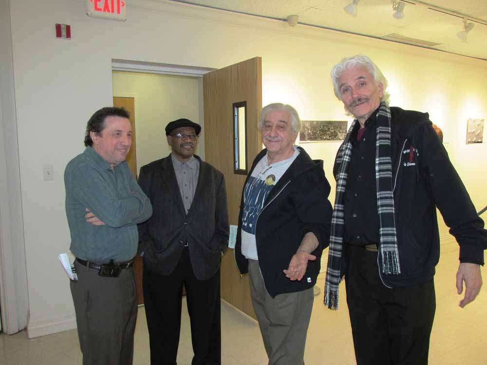 Joe Loud (stage manager), Darryl Campbell (Quiet Storm), Lou Rallo (WRSU) Jim Bakay (WRDV).  Photo by John Bishop.