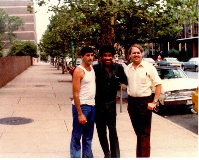 Joe Grimaldi (Ecstasies), Sonny Til (Orioles) and Charlie, ouside of WXPN, 1980.