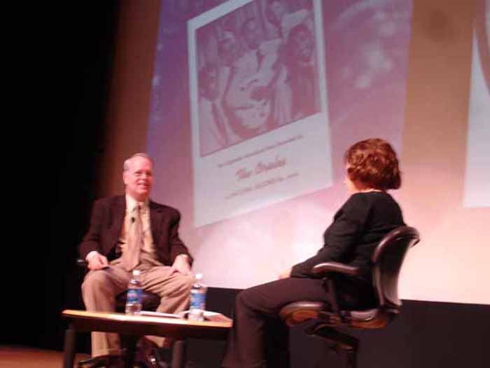 Charlie interviewing Deborah Chessler (songwriter, manager, mentor for the Orioles) on stage at the Rock & Roll Hall of Fame, Cleveland, 2009